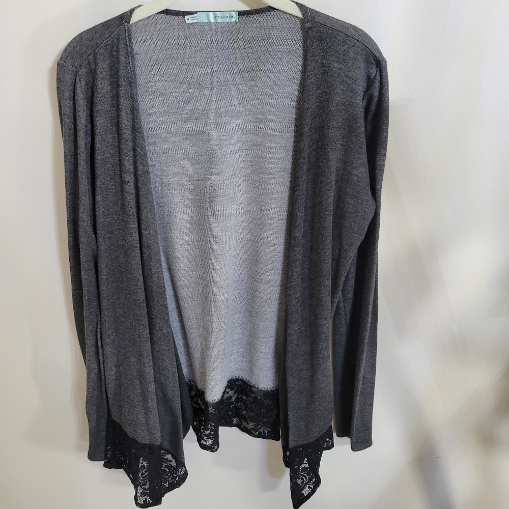 Maurices Gray Open-Front Sweater with Lace Trim, Size Medium